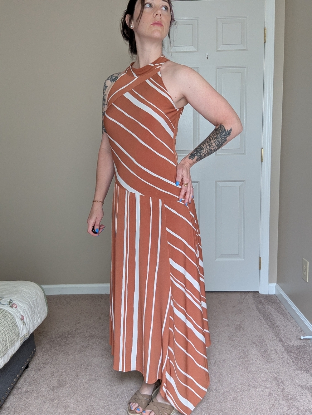 Taylor - Women's Sleeveless Halter Stripe Asymmetrical Midi Dress - Sz 10